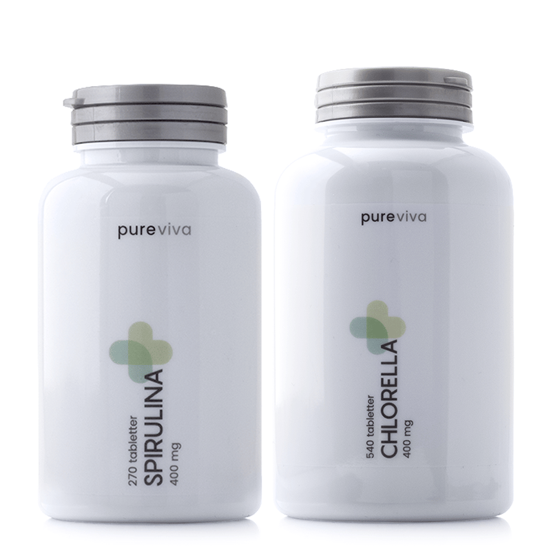 Pureviva Udrensning pakke med Pureviva Chlorella og Pureviva Spirulina