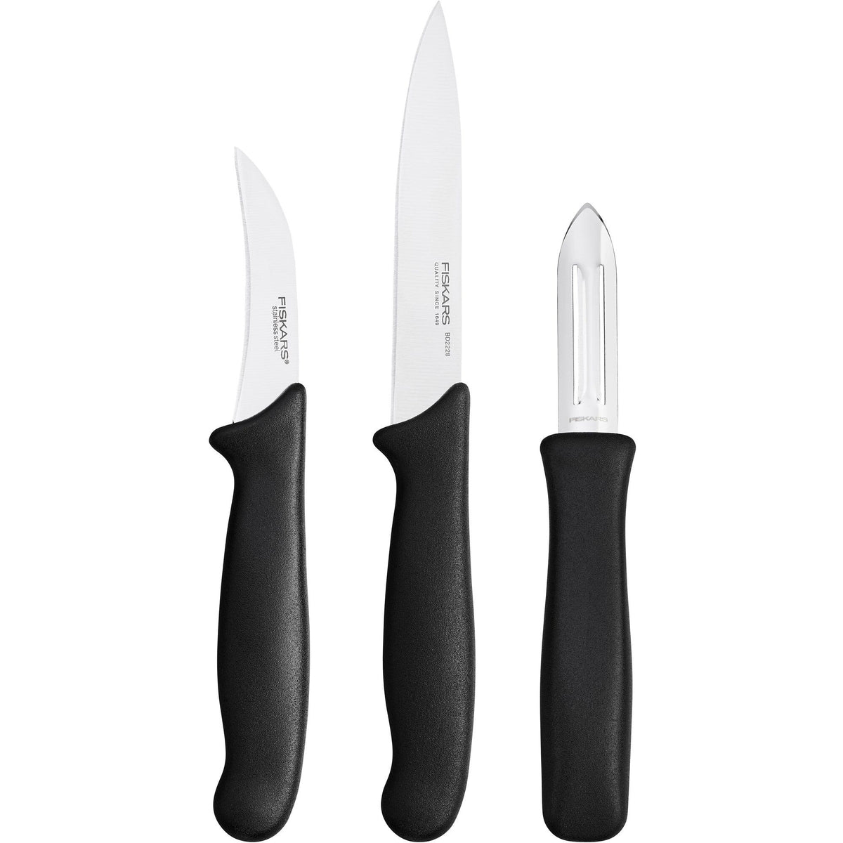 Fiskars Essential skrællesæt med tre knive og PP-plasthåndtag