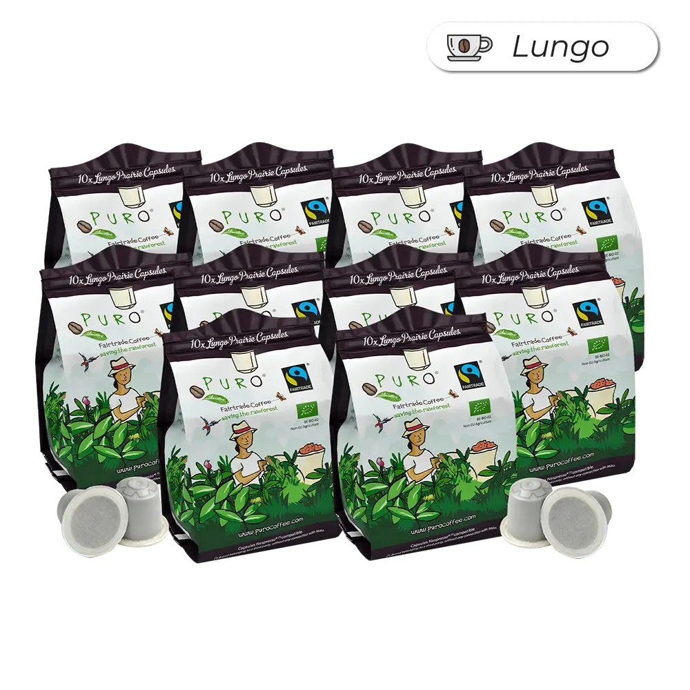 Puro Prairie lungo kaffekapsler, pakke med 100 stk.