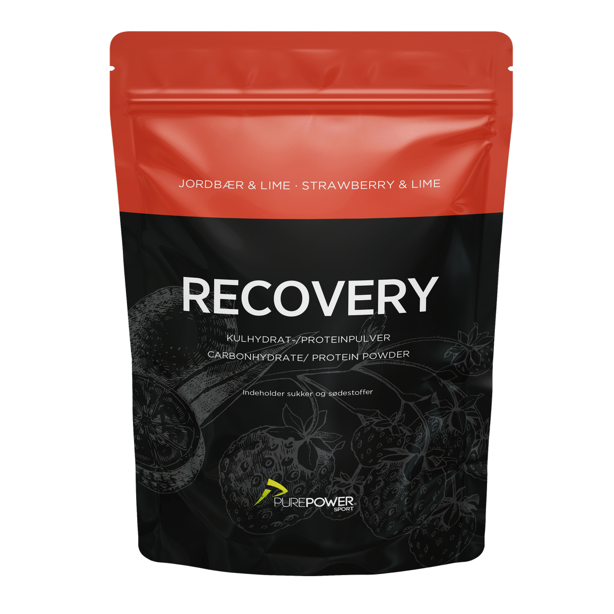 PurePower Recovery jordbær/lime, shakepulver med kulhydrat og protein, 1 kg