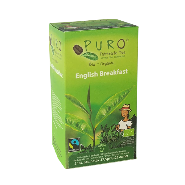 Pakke med Puro English Breakfast brevte, klassisk sort te