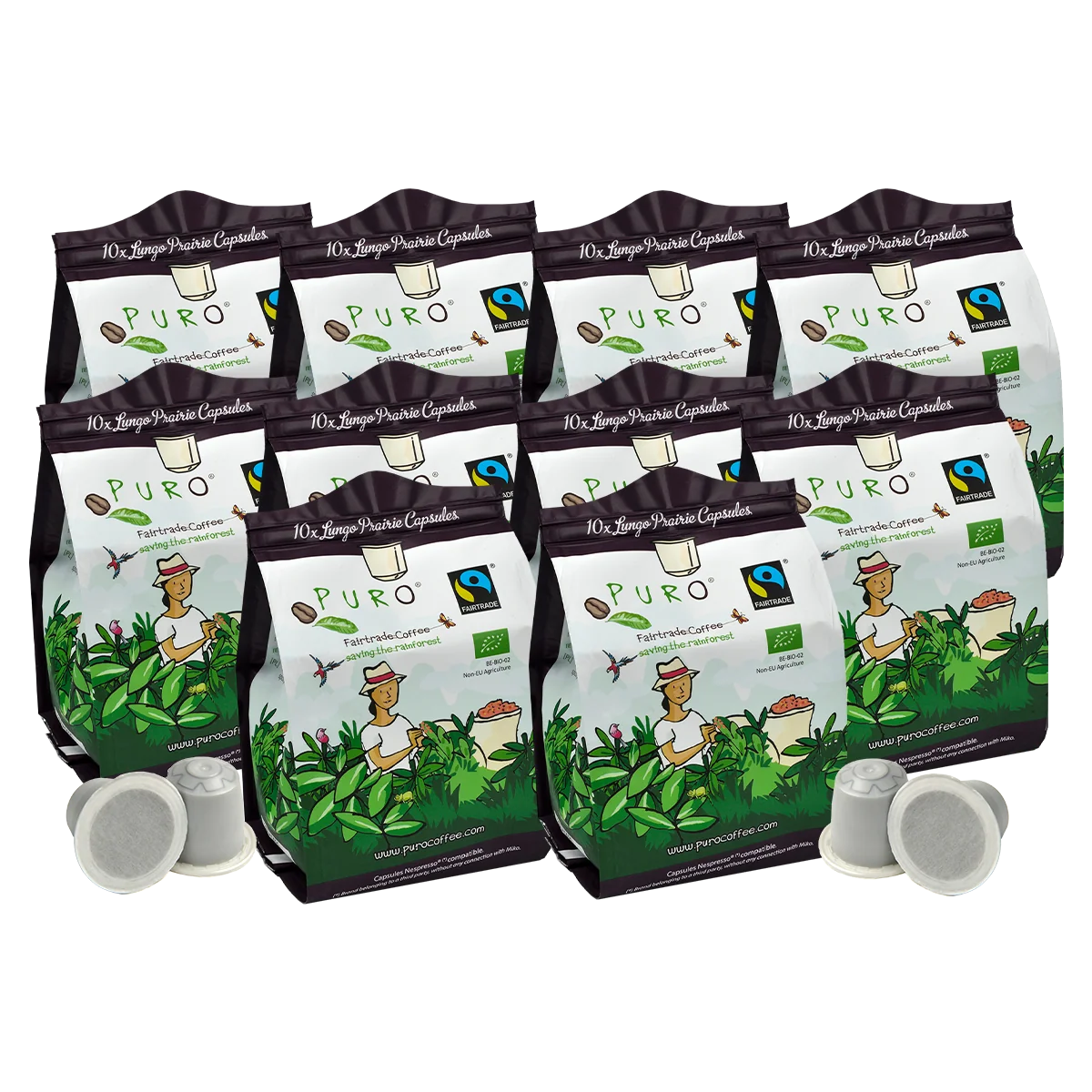 Puro Prairie lungo kaffekapsler, pakke med 100 stk.