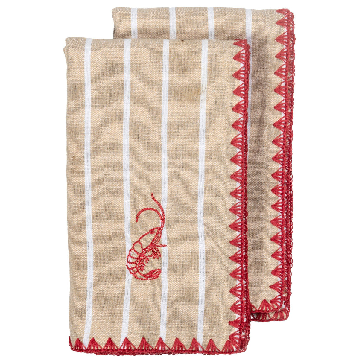 Byon Bubba serviet med beige og hvide striber og broderet reje, 2-pak