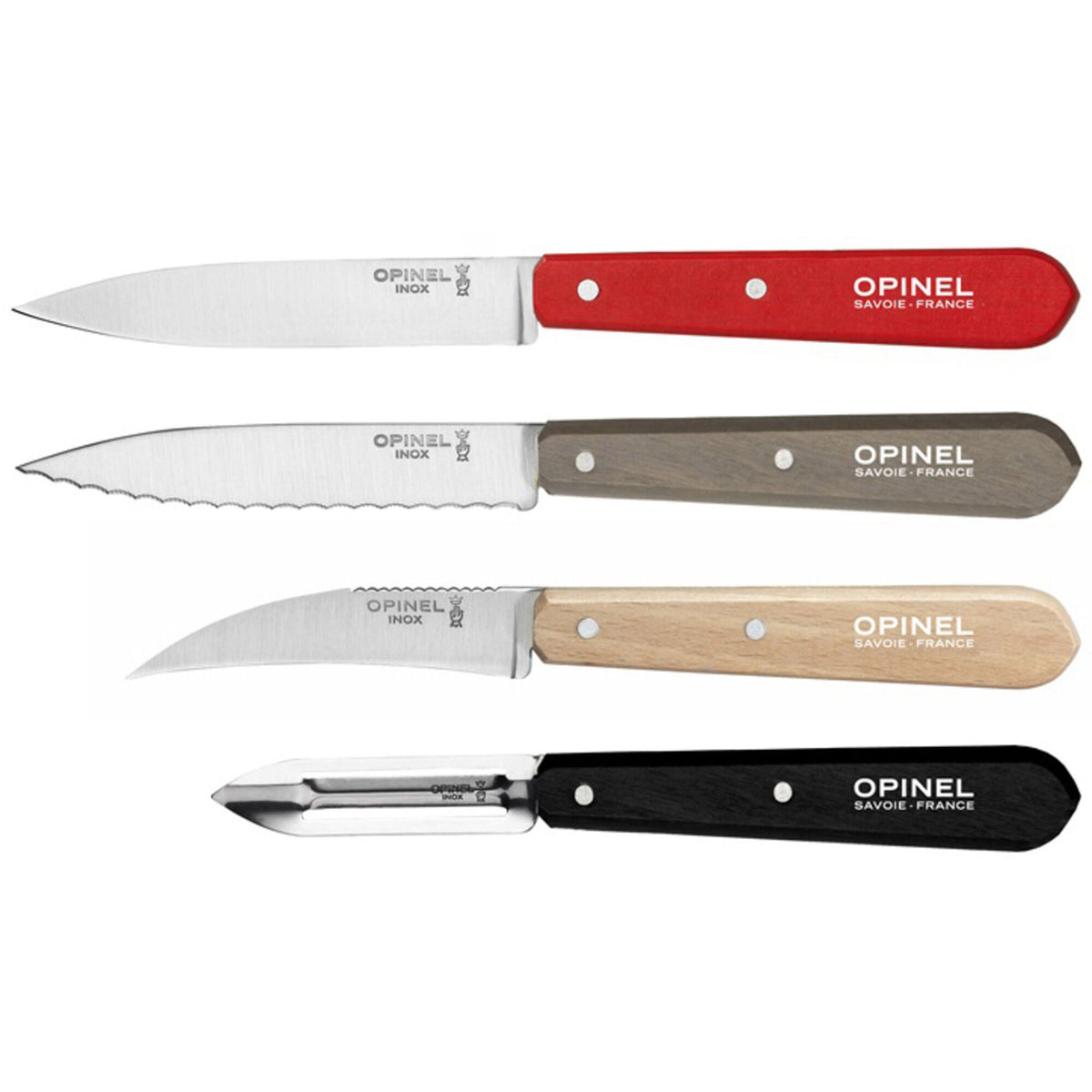 Opinel Essentials urteknivssæt med fire knive og bøgehåndtag