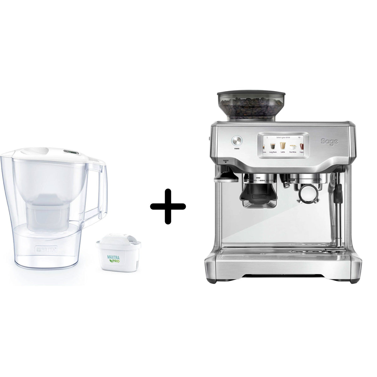 Sage SES880BSS The Barista Touch espressomaskine sammen med Brita Aluna filterkande
