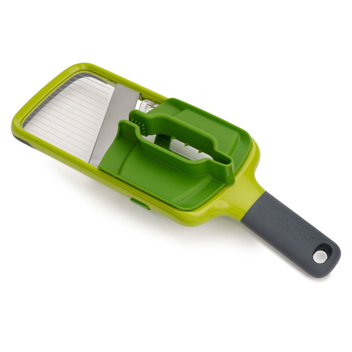 Grøn Multi-Grip mandolin fra Joseph Joseph med tre skiver og blad i rustfrit stål
