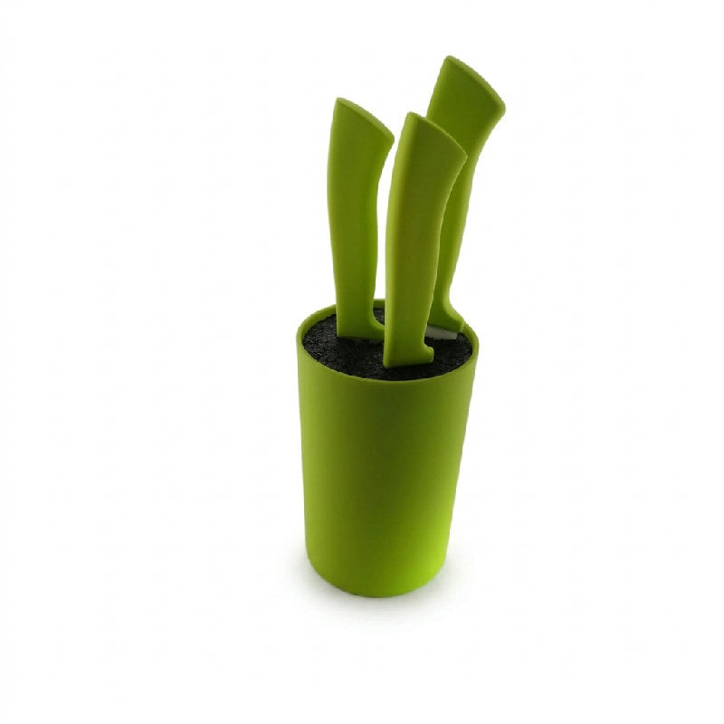 Grøn knivblok med tre knive i plast og keramik