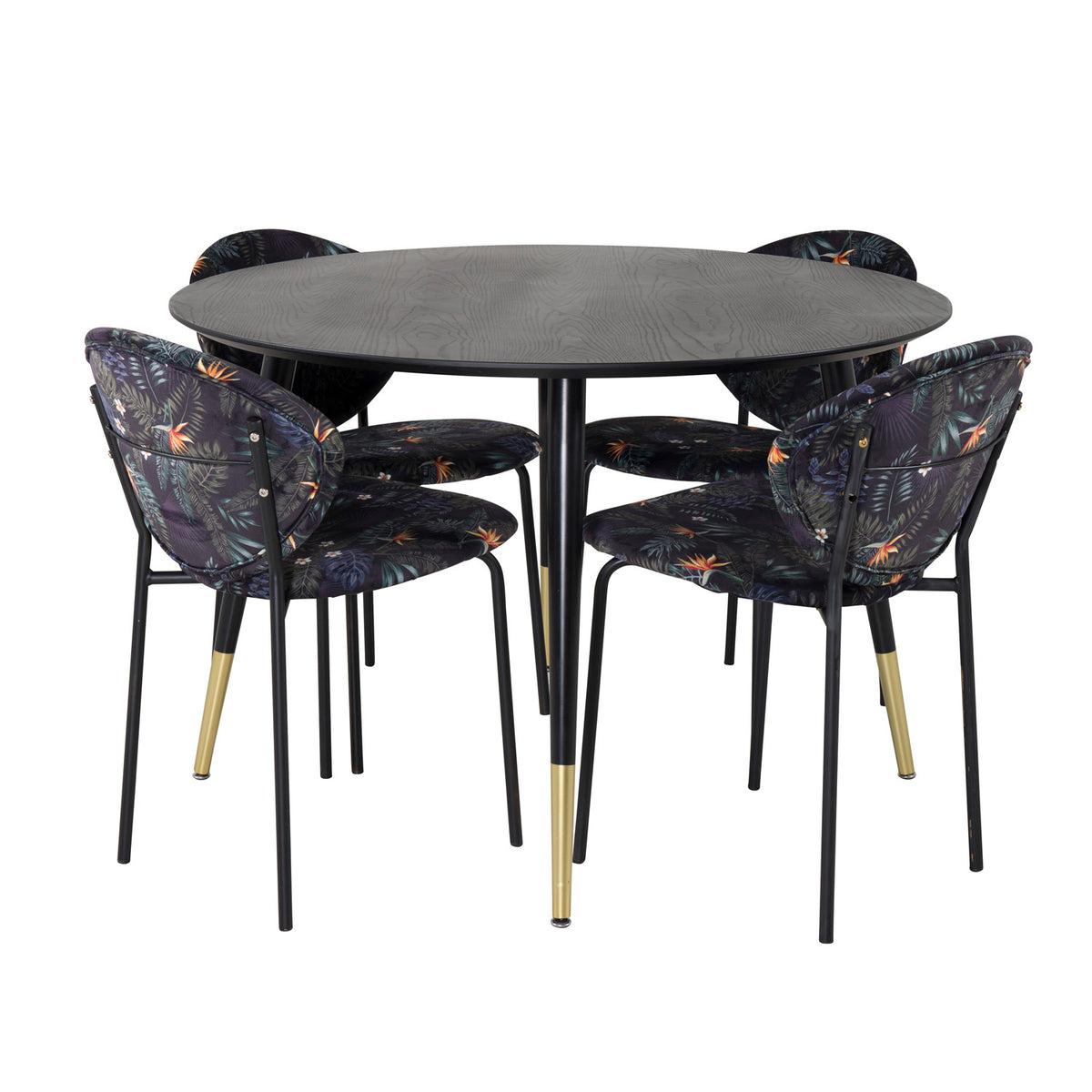 Spisebordssæt Dipp fra Venture Design med sort bord og fire stole i multi stof og sort metal