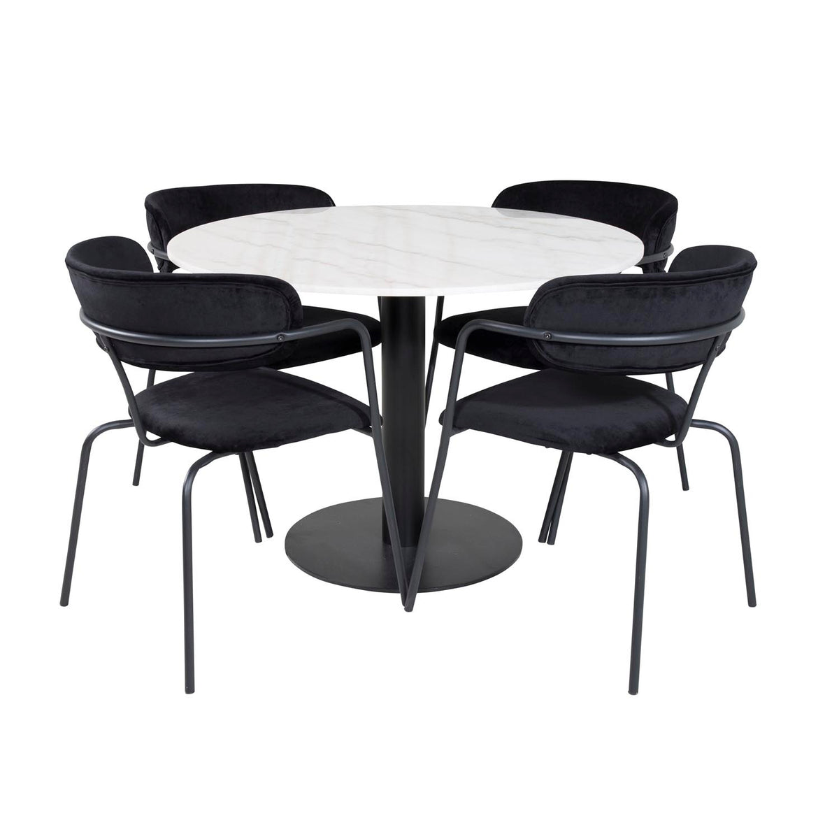 Venture Design Estelle spisebordssæt med bord i hvid marmor og 4 sorte fløjlsstole