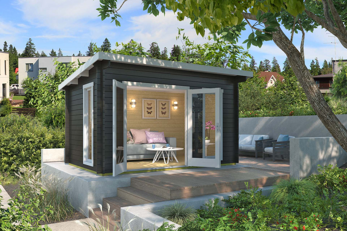 Signe elegant havehus på 9,3 m² med stor fransk dør i kernetræ af gran