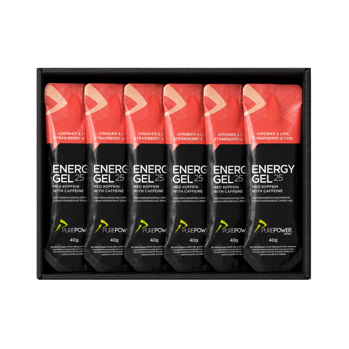 Kasse med 12 PurePower Energy Gel 25 med koffein, jordbær og lime, 40 g pr. gel