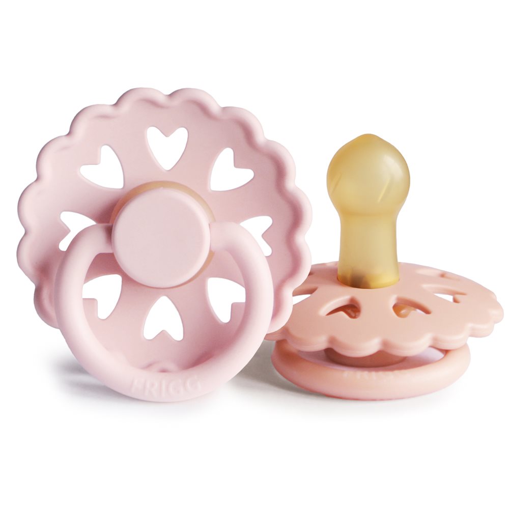 To Frigg Fairytale-sutter i rosa og fersken i latex, størrelse 1