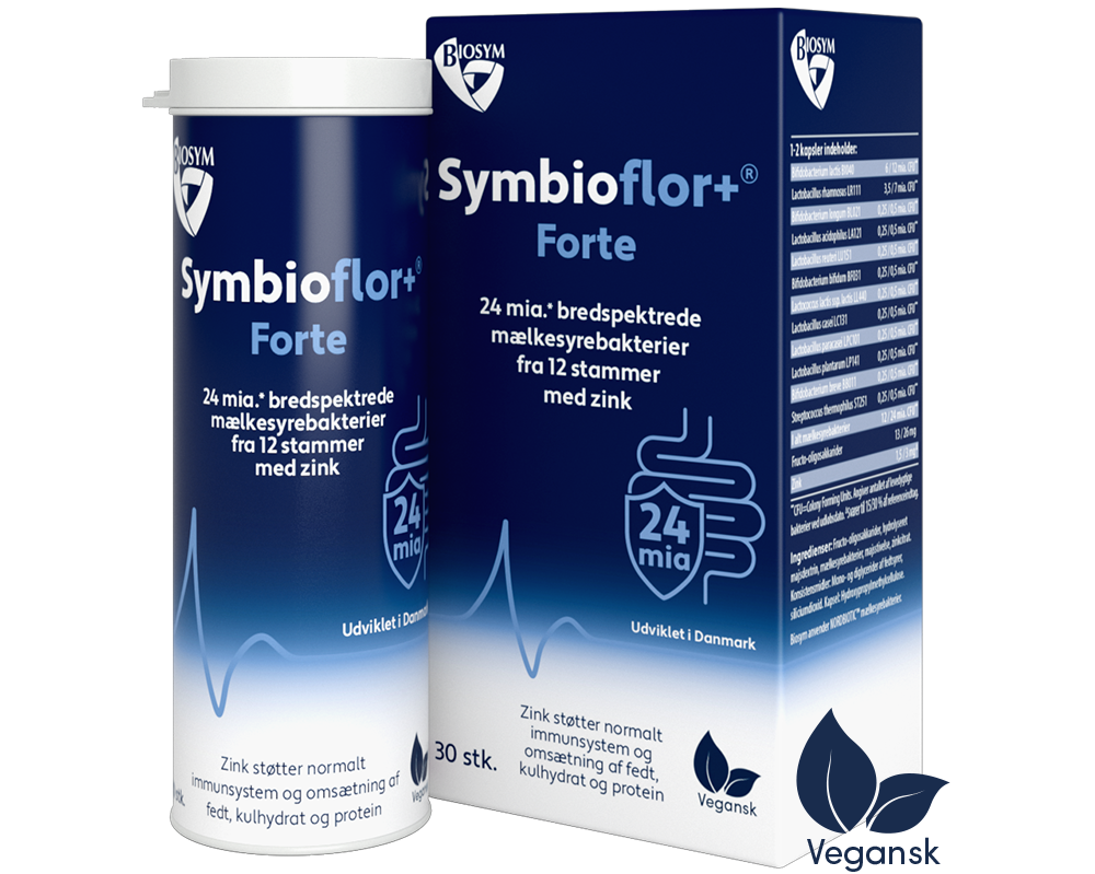 Pakning med Biosym Symbioflor+ Forte mælkesyrebakterier, 30 kapsler