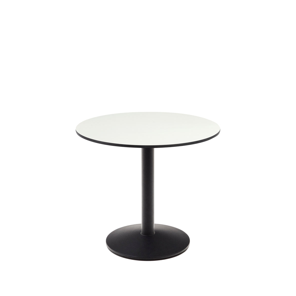 Rundt havebord fra Kave Home, Esilda, med hvid HPL-bordplade og sort stålstel, Ø90