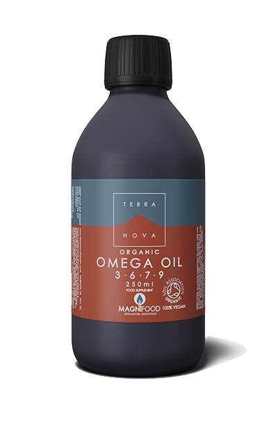 Flaske med TerraNova Omega 3-6-7-9 Organic Oil Blend, 250 ml