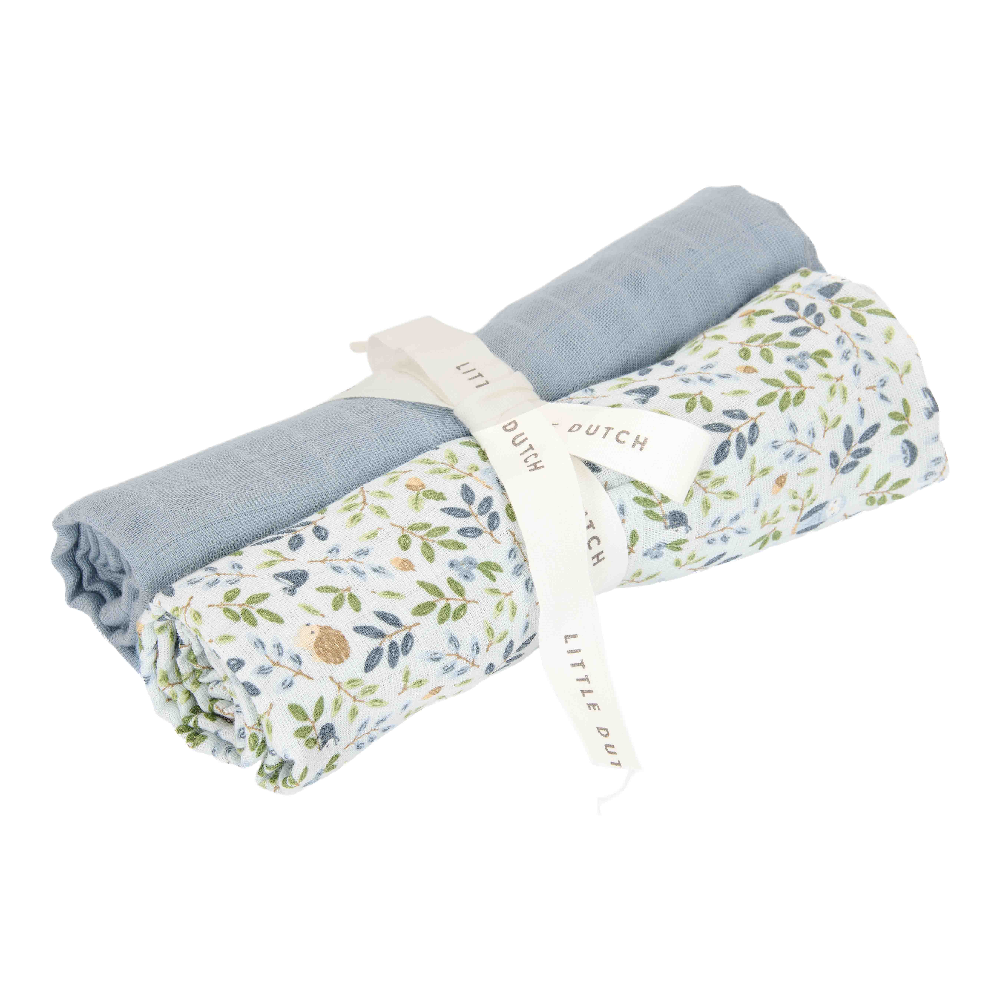 To muslin stofbleer fra Little Dutch i Forest Adventure og Denim Blue, 70 x 70 cm