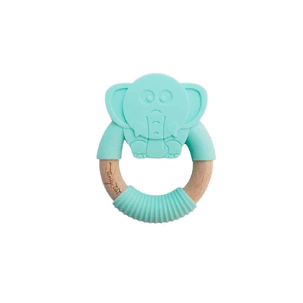 Tiny Tot bidering formet som en elefant i mint, silikone og bøgetræ