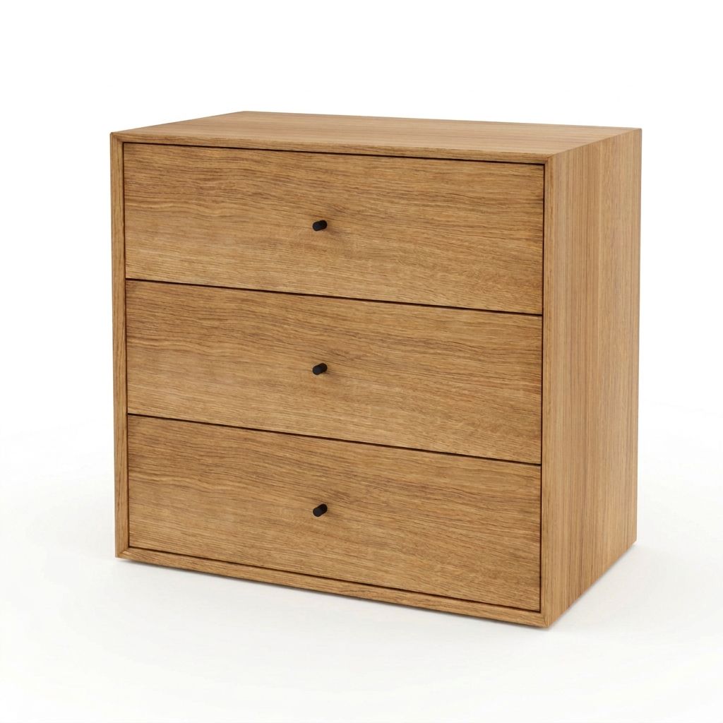 The Wood Box 5458 kommode med tre skuffer fra Storage & Shelves, stillet langs en væg