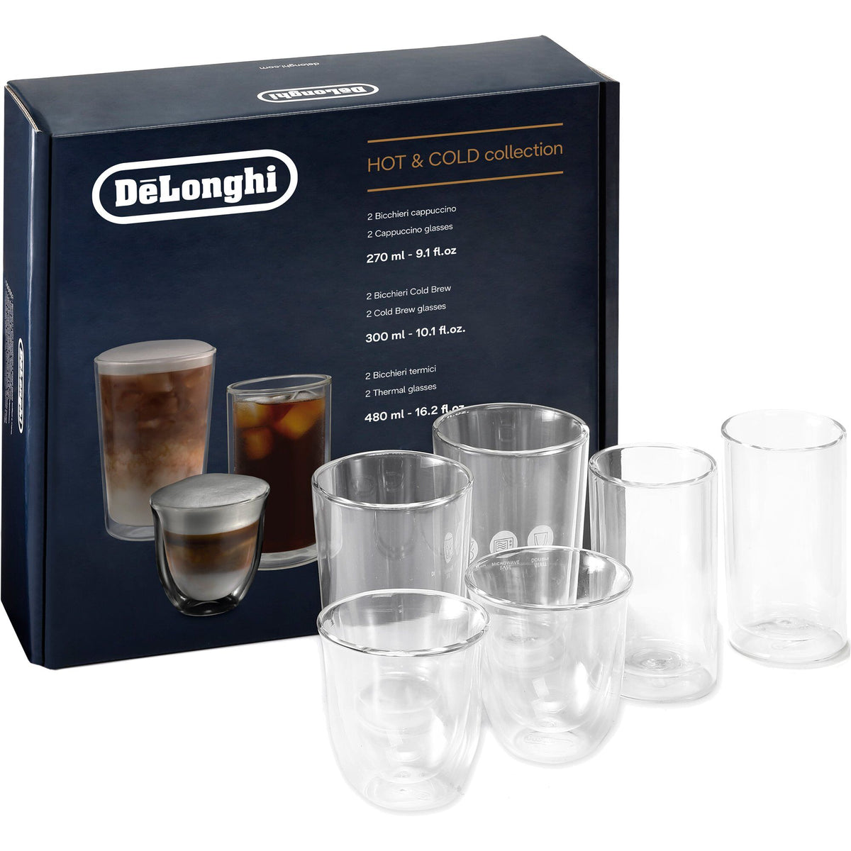DeLonghi Hot & Cold Collection sæt med seks dobbeltvæggede glas i tre størrelser