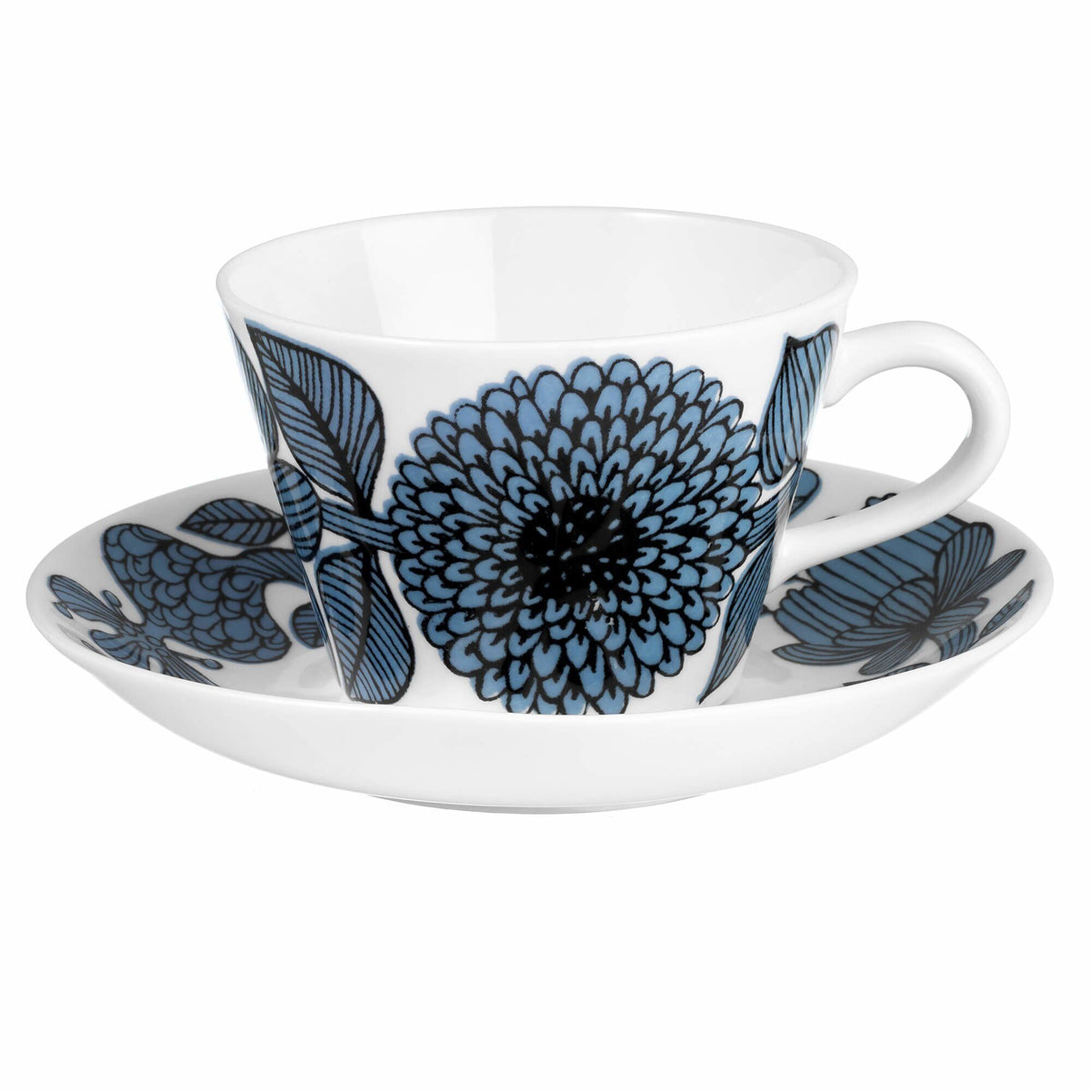 Gustavsberg Blå Aster kaffekop med underkop i benporcelæn og blåt mønster