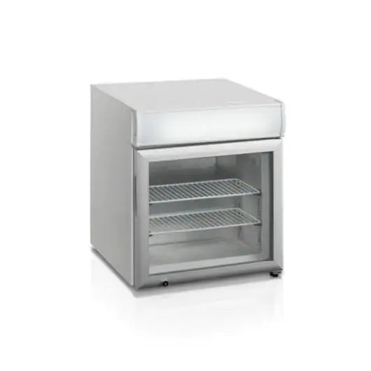 Hvid Tefcold UF50GCP displayfryser i bordmodel til frostvarer