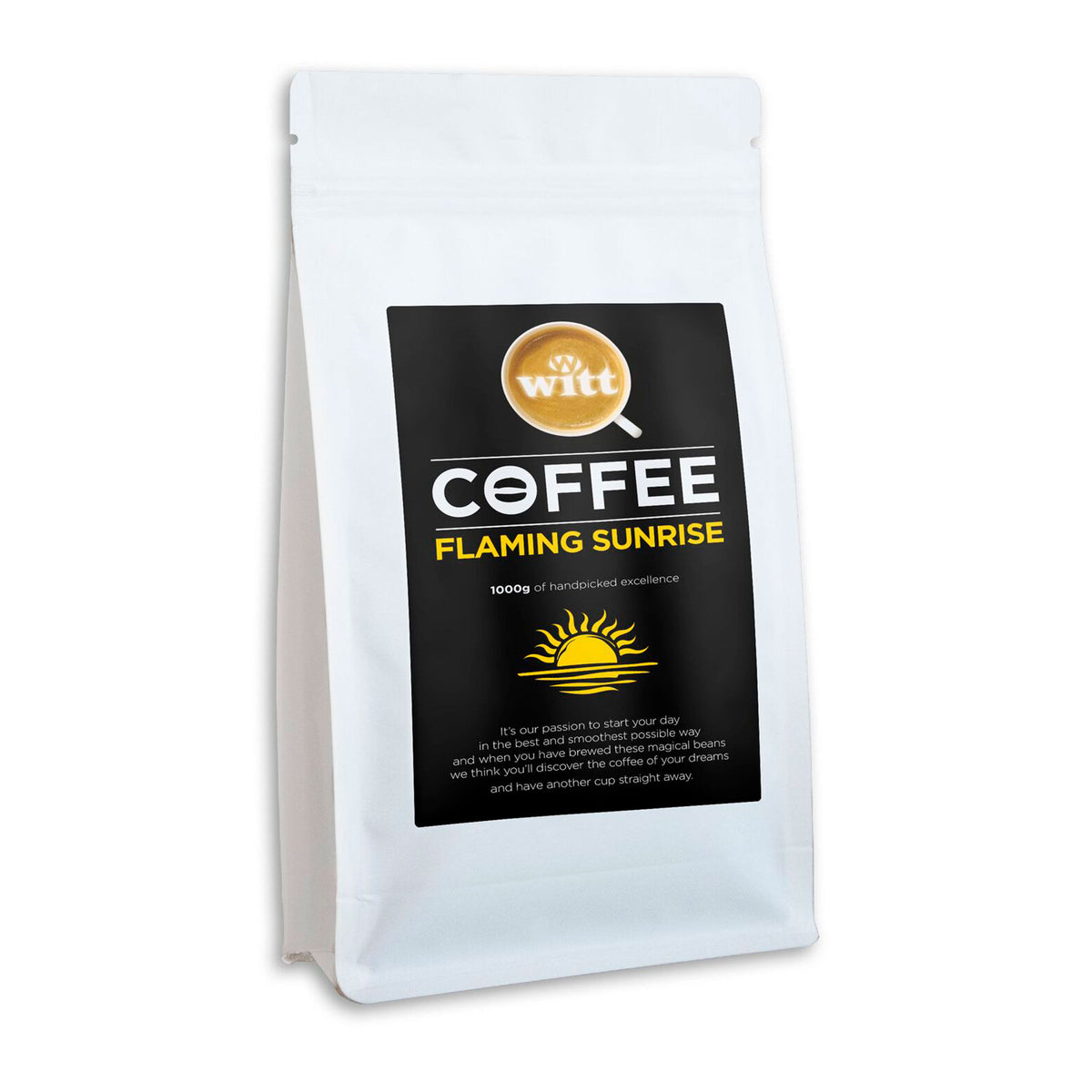 Pose med hele Flaming Sunrise kaffebønner fra Witt, 1 kg