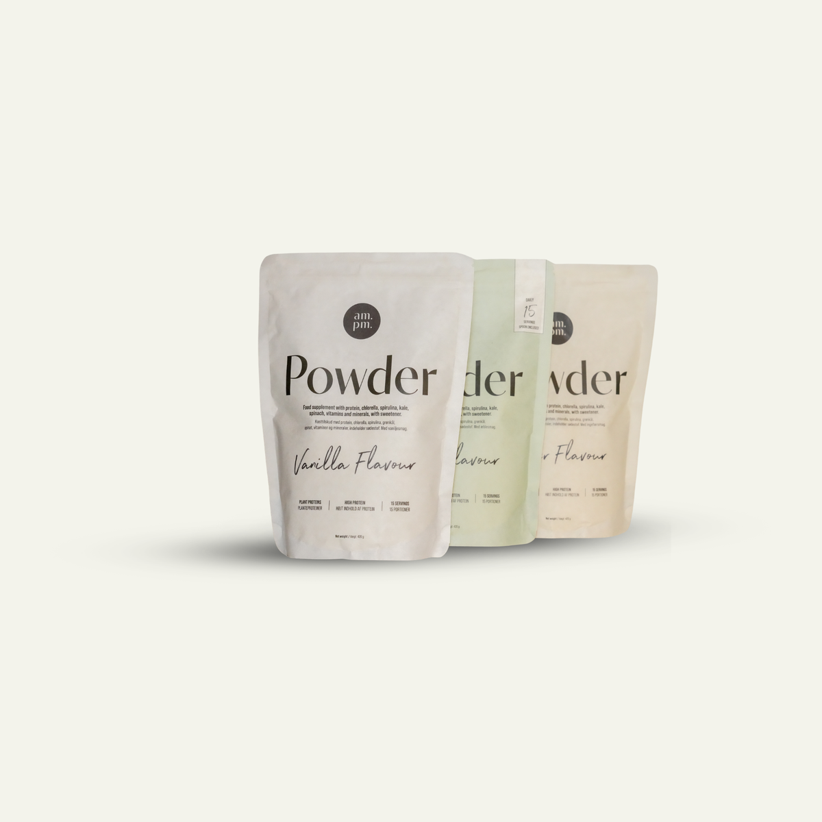 am.pm POWDER On.the.go Bundle med 18 pakker shakepulver i smagene Vanilla, Apple og Ginger