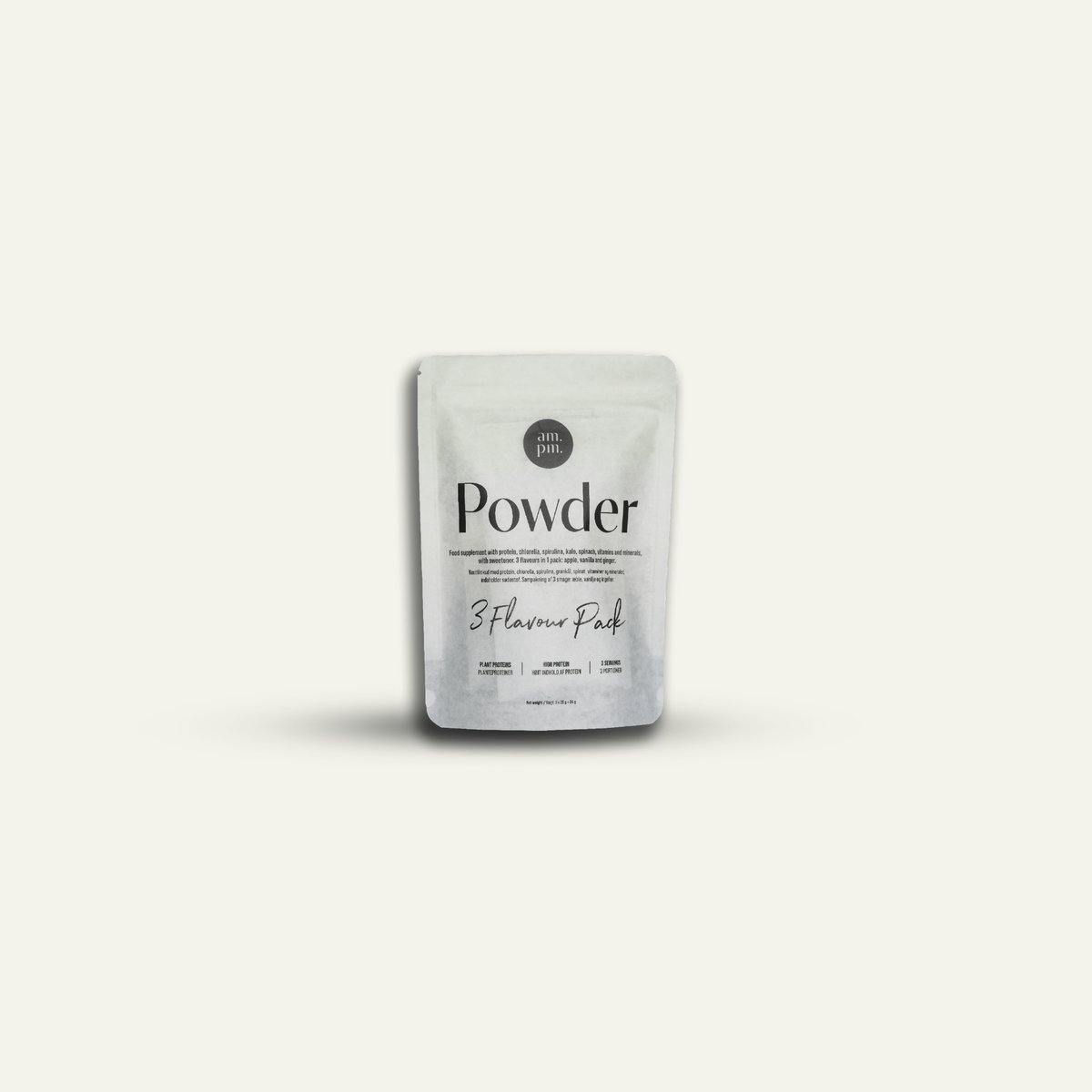 am.pm POWDER Flavour Pack med portioner i smagene Apple, Ginger og Vanilla