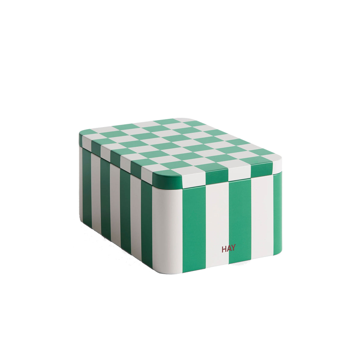 Hay Tin Container Small opbevaringsboks i grøn og off-white med grafisk design