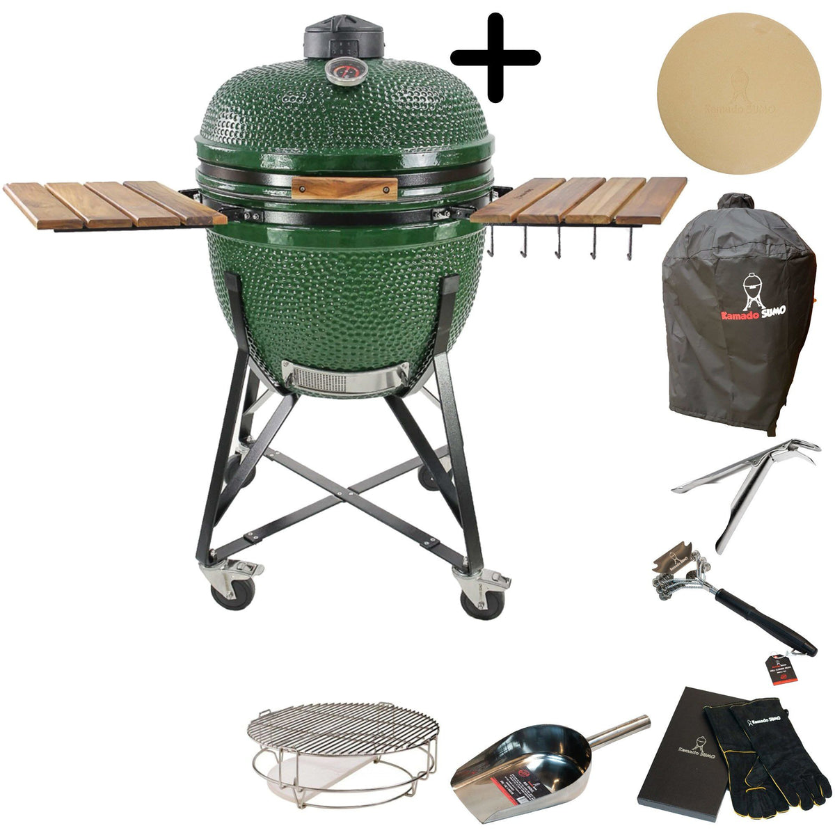 Grøn Kamado Sumo Maxi kulgrill med tilbehørspakke