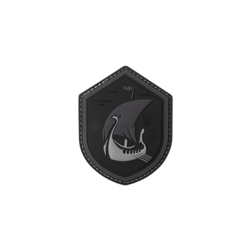 Sort vikingeskib patch på 80 x 65 mm til skoletaske