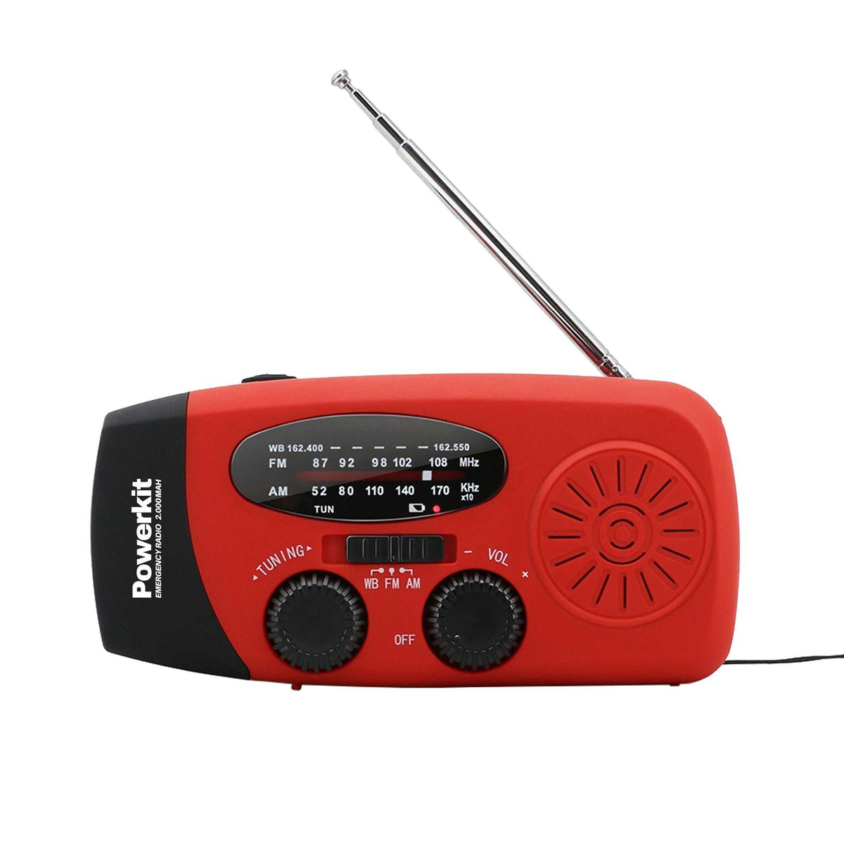 Powerkit nødradio med solceller i toppen og dynamo med håndsving