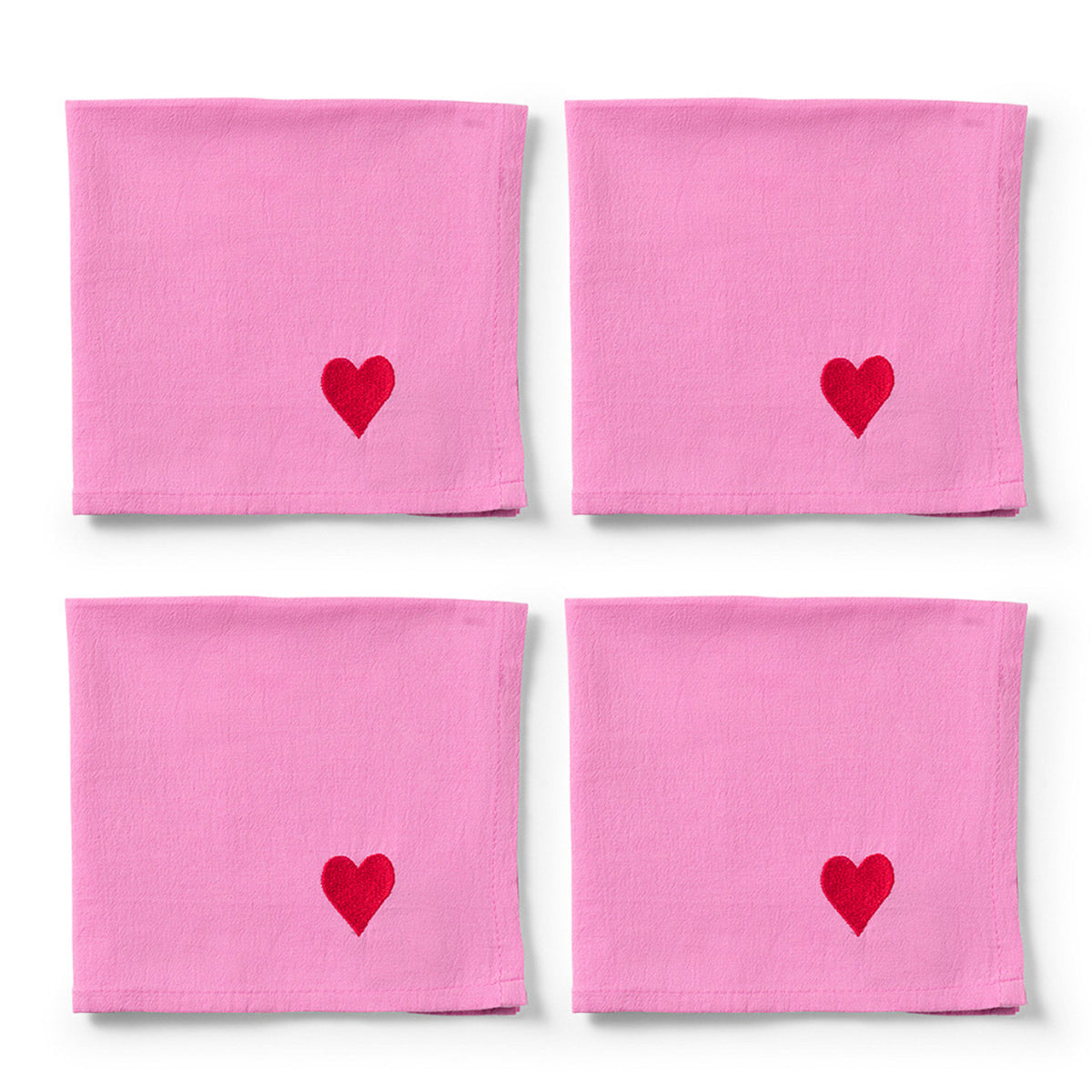 Fire lyserøde Midnatt Pink Hearts stofservietter med broderede røde hjerter