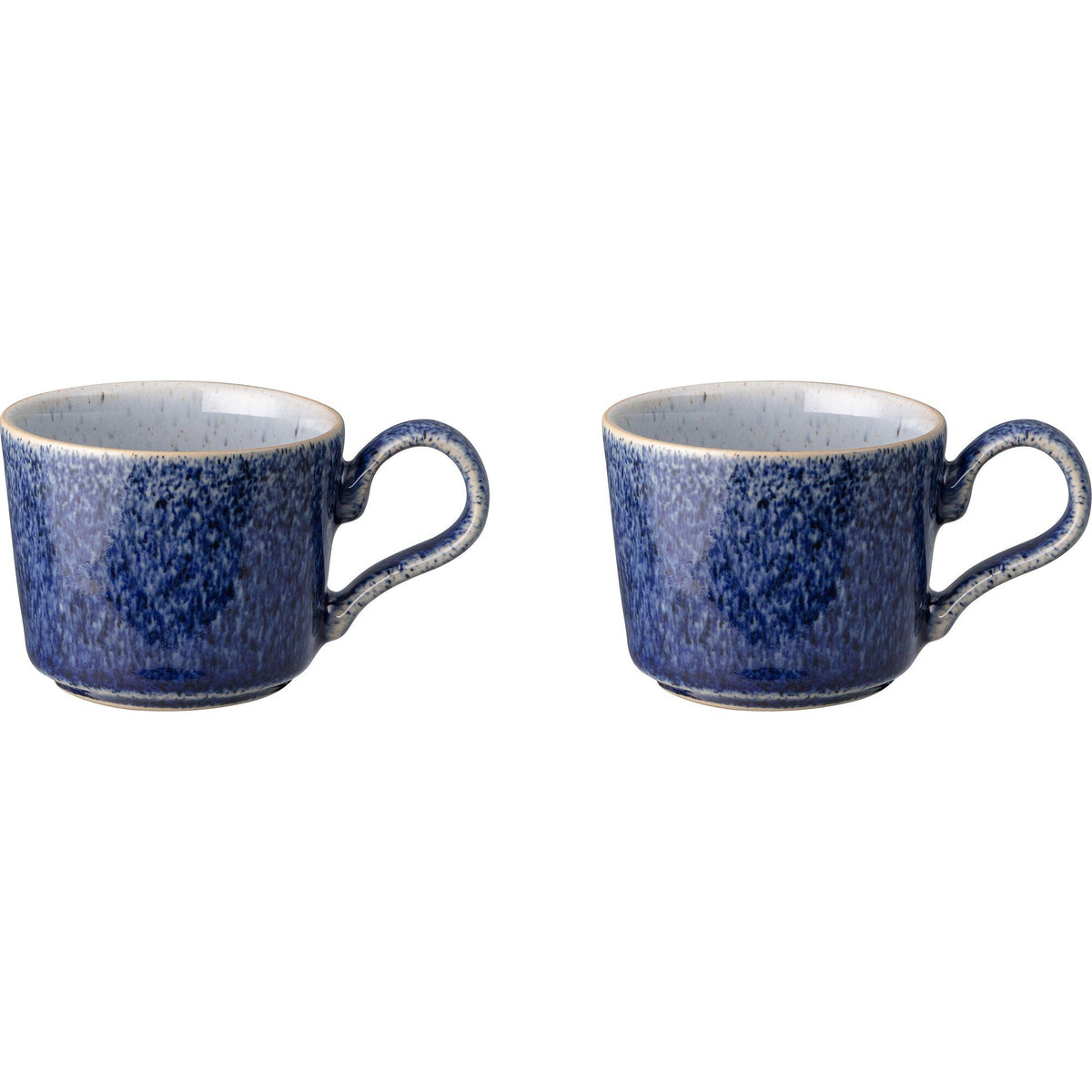 To Denby Studio Blue espressokopper i blå og hvide farver og mønstre