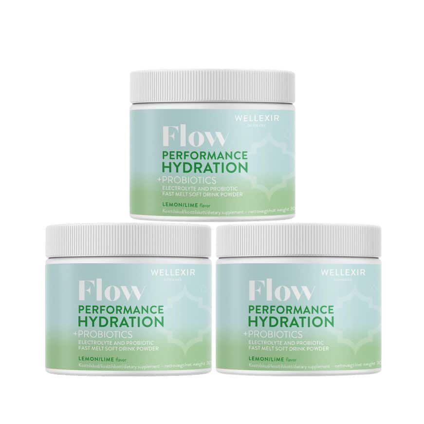Pakke med tre Wellexir Flow Hydration drik i smagen Lemon/Lime