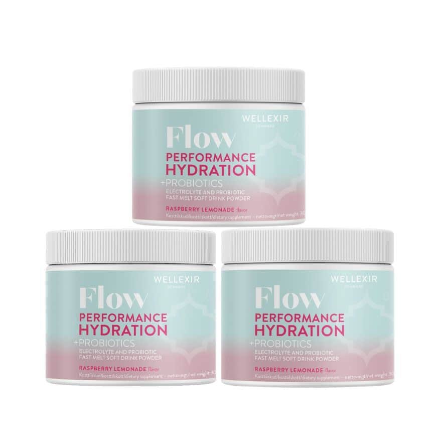 Pakke med tre Wellexir Flow Hydration i smagen Raspberry Lemonade