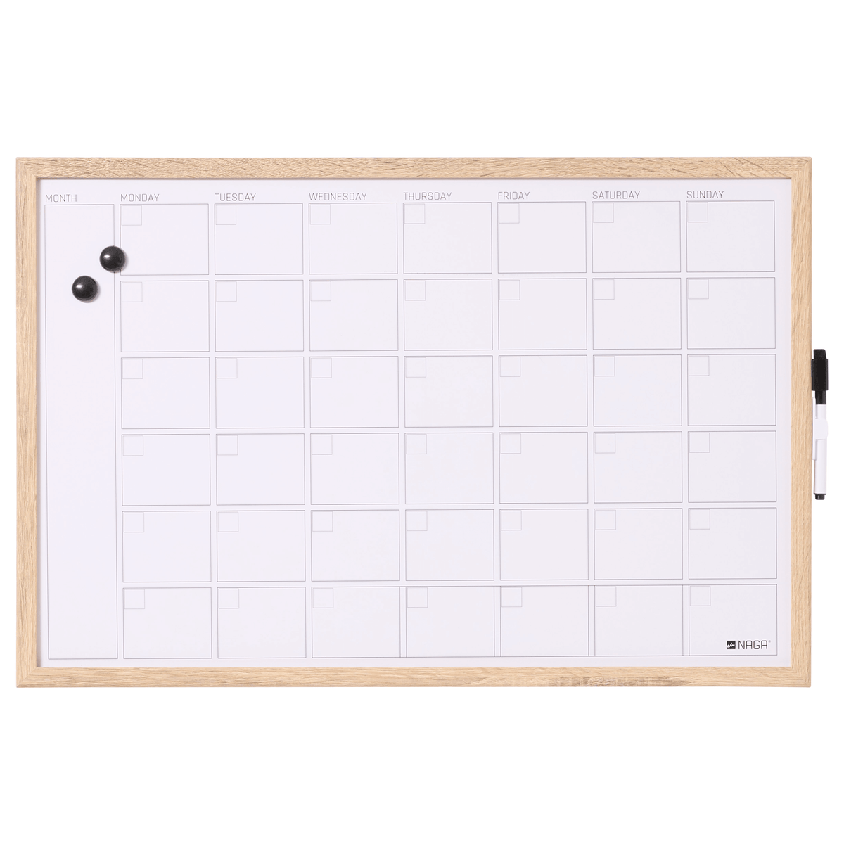 Whiteboard månedstavle med træramme og engelsk tekst, 60 x 40 cm
