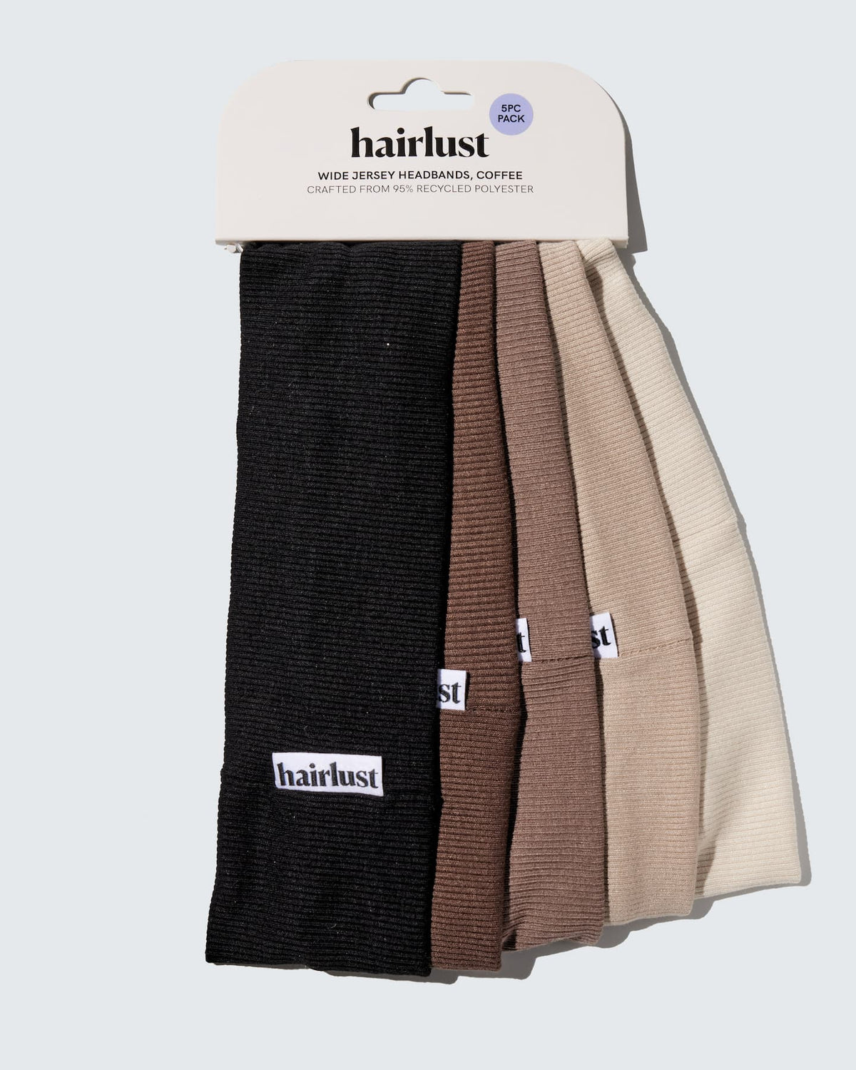 Fem brede jersey-hårbånd i farveholdet Coffee fra Hairlust