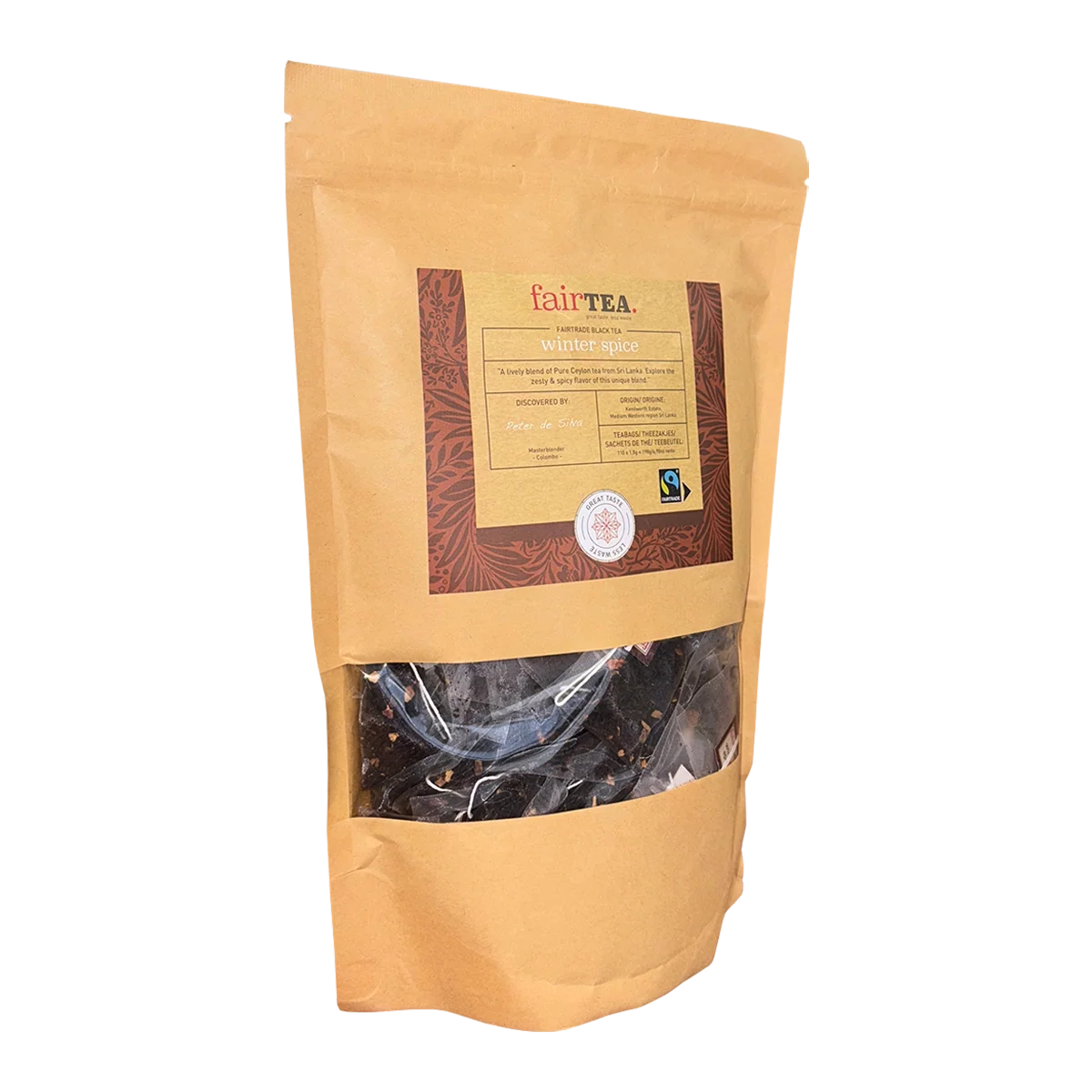 FairTea Winter Spice krydret sort te i breve med kanel, nelliker og appelsinskal