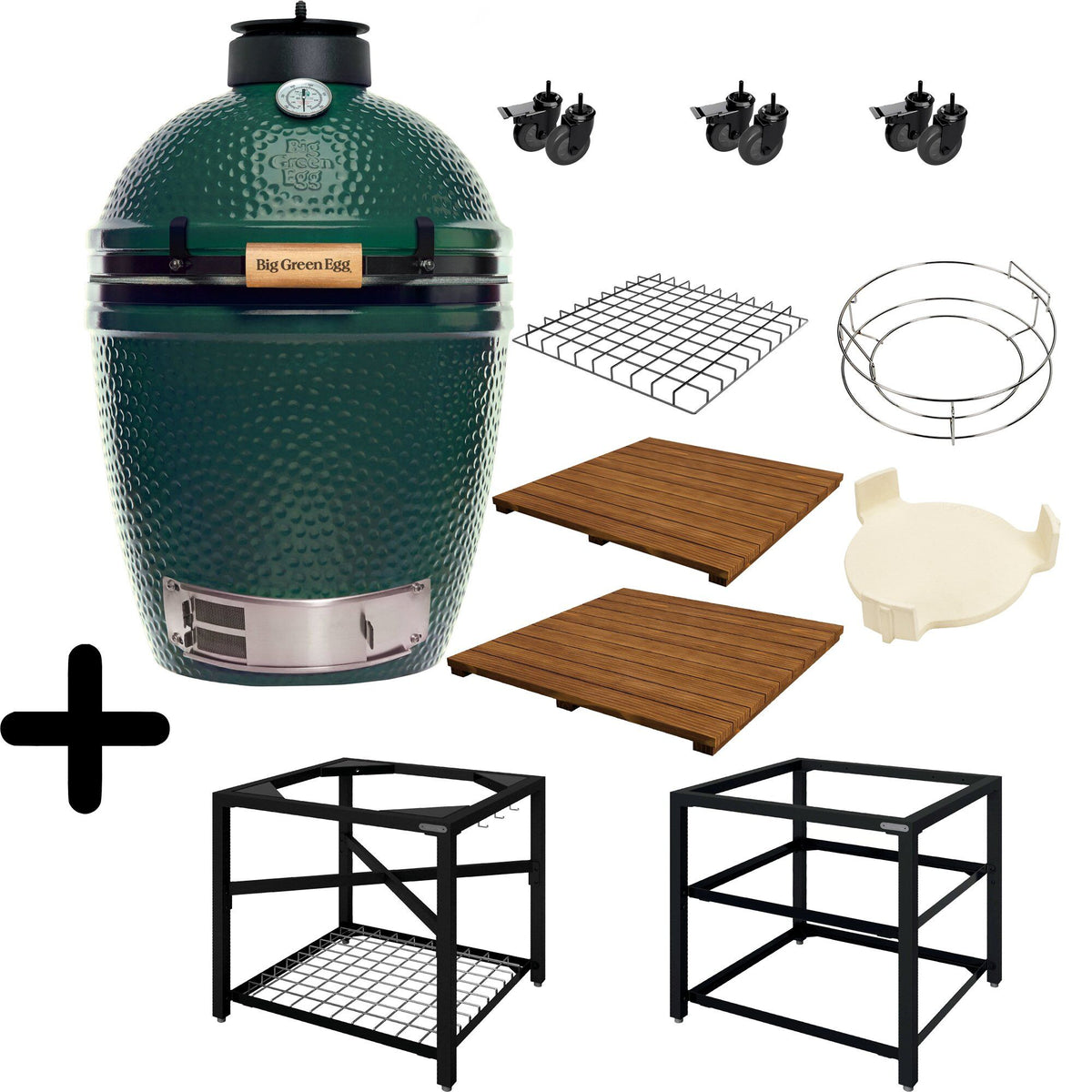 Big Green Egg kulgrill i størrelse medium med EGG Frame stålramme og arbejdsflade