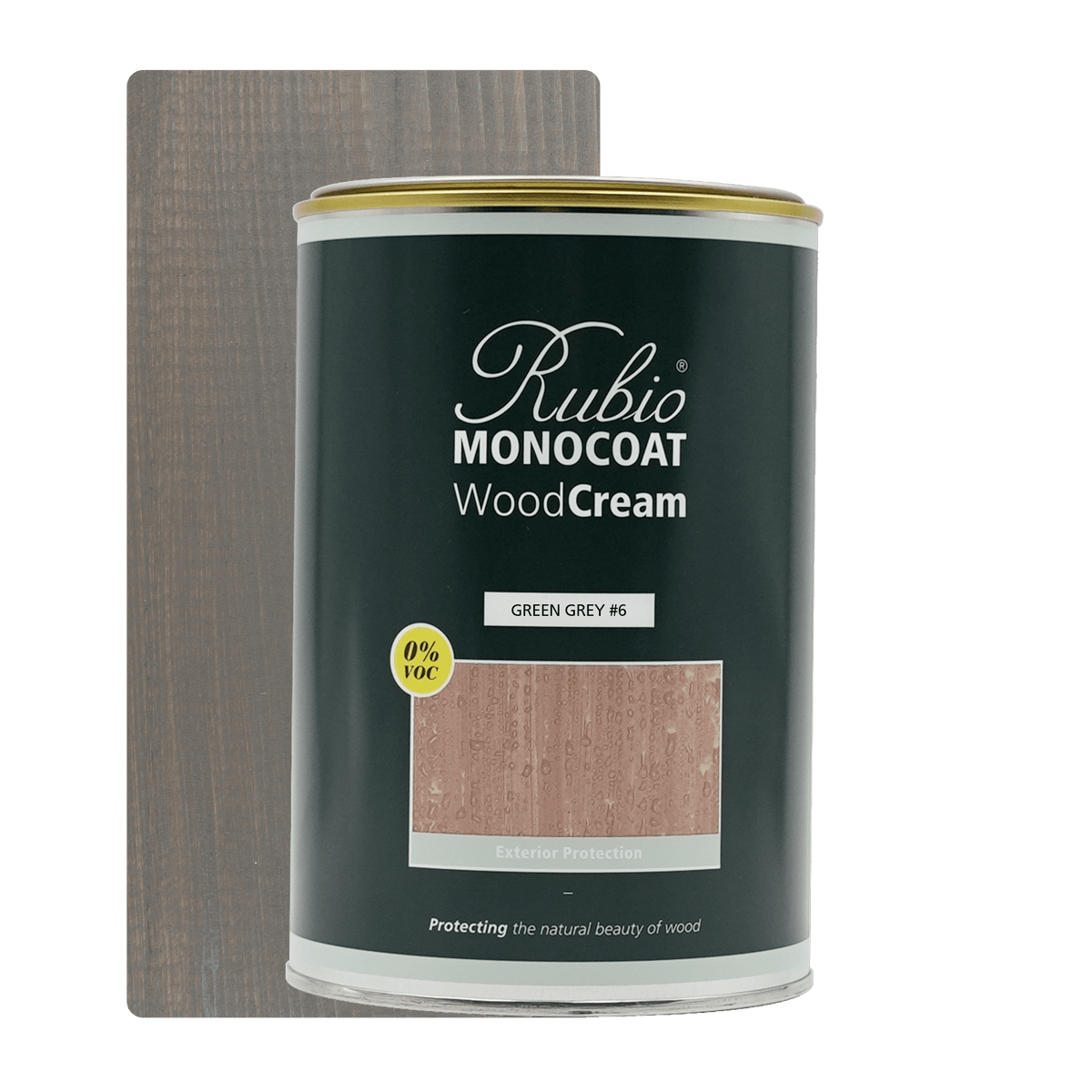 Dunk med Rubio Monocoat WoodCream i farven Green Grey #6, 1 L, voksbaseret creme til lodret træ udendørs