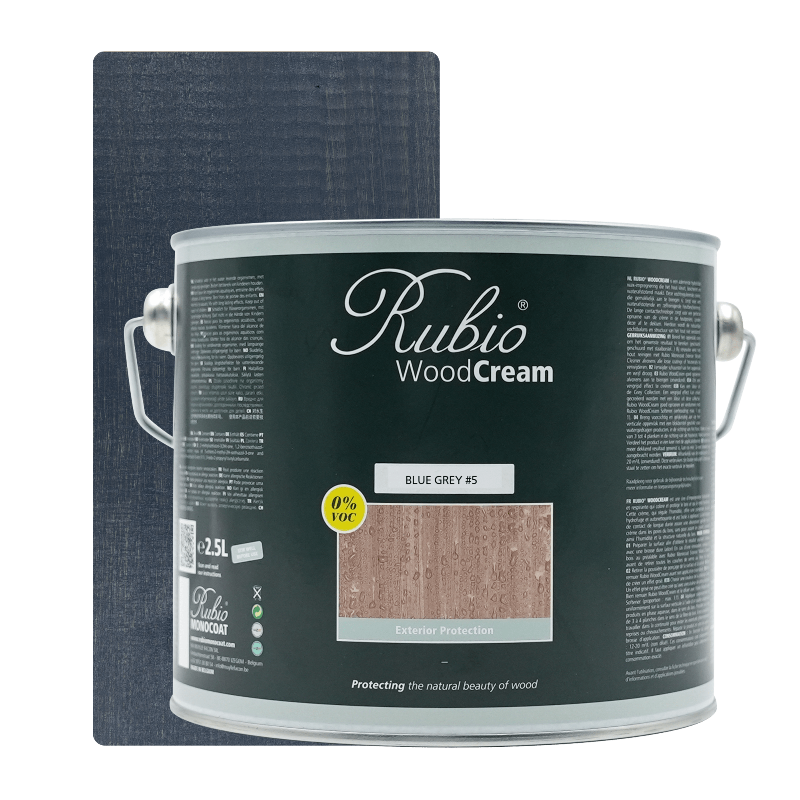 Dunk med Rubio Monocoat WoodCream i farven Blue Grey #5, 2.5 L, til lodret træ udendørs