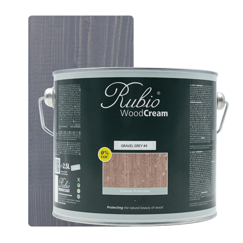 Dunk med Rubio Monocoat WoodCream i farven Gravel Grey #4, 2.5 L, til lodret træ udendørs