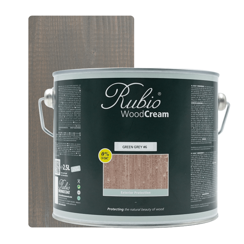 Dunk med Rubio Monocoat WoodCream i farven Green Grey #6, 2.5 L, til lodret træ udendørs