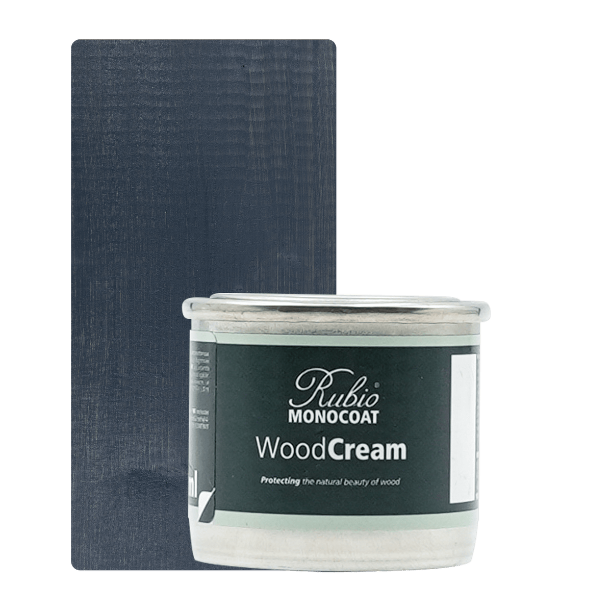 Lille beholder med Rubio Monocoat WoodCream i farven Blue Grey #5, 30 ml, til lodret træ udendørs