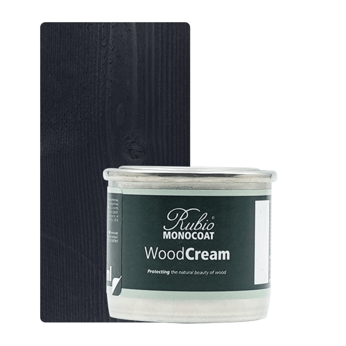 Lille beholder med Rubio Monocoat WoodCream i farven Bold Black #7, 30 ml, til lodret træ udendørs