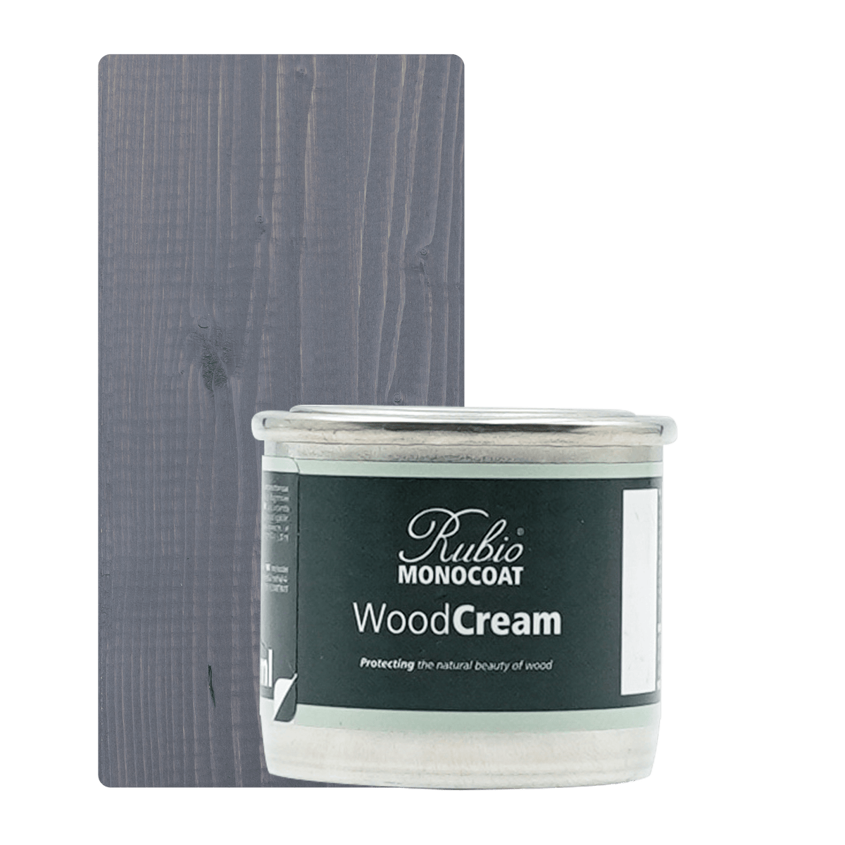 Lille beholder med Rubio Monocoat WoodCream i farven Gravel Grey #4, 30 ml, til lodret træ udendørs