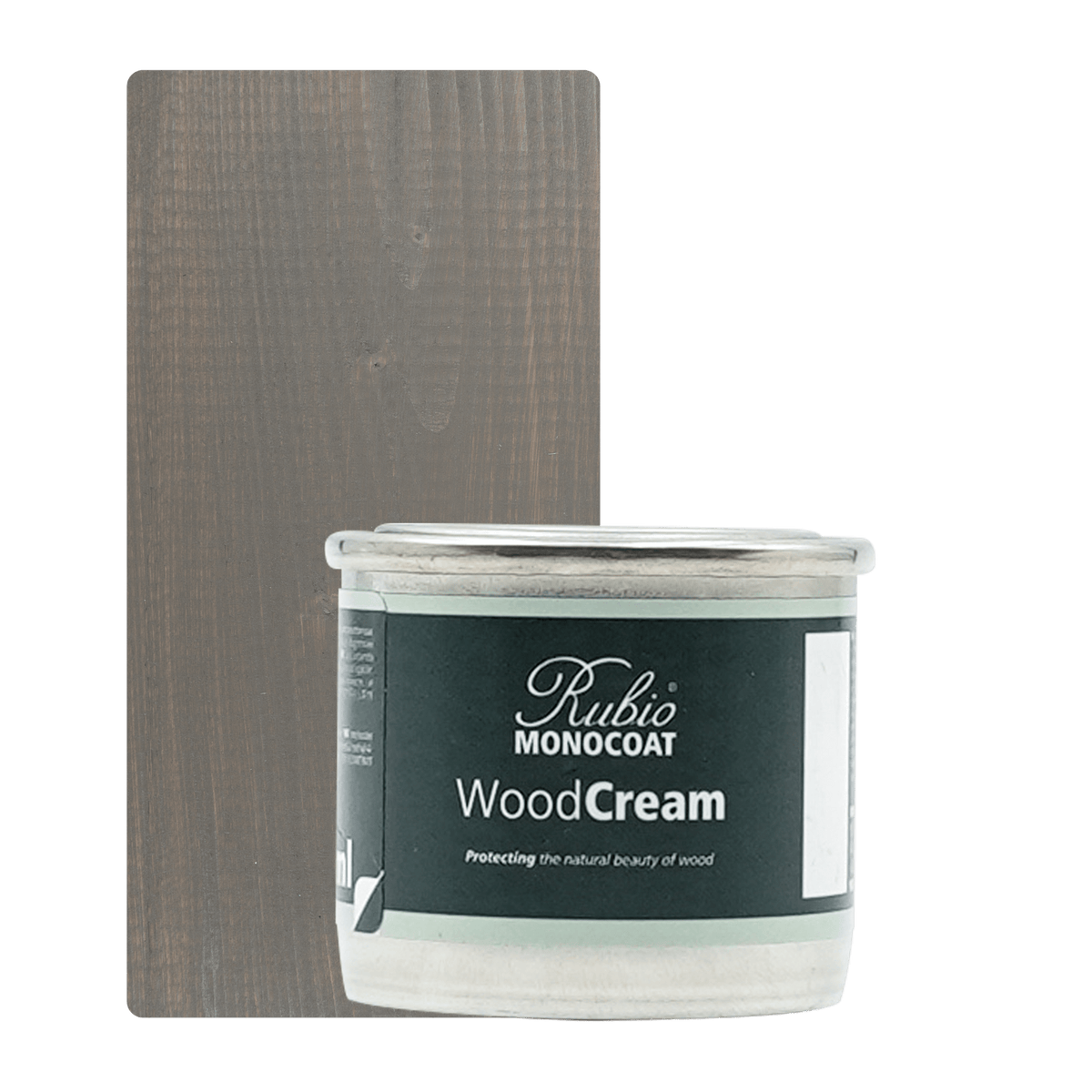Lille beholder med Rubio Monocoat WoodCream i farven Green Grey #6, 30 ml, til lodret træ udendørs
