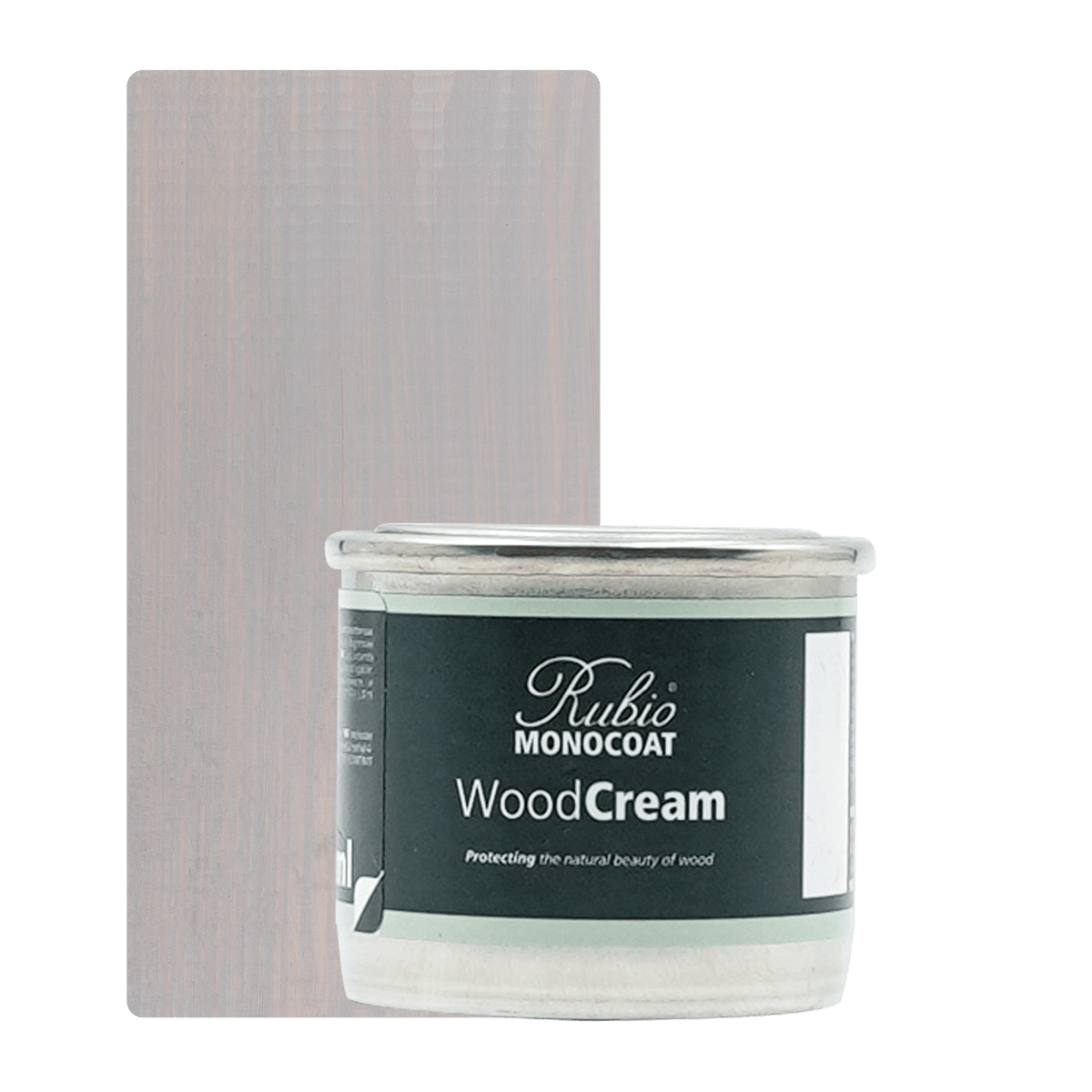 Lille beholder med Rubio Monocoat WoodCream i farven Misty Grey #3, 30 ml, til lodret træ udendørs