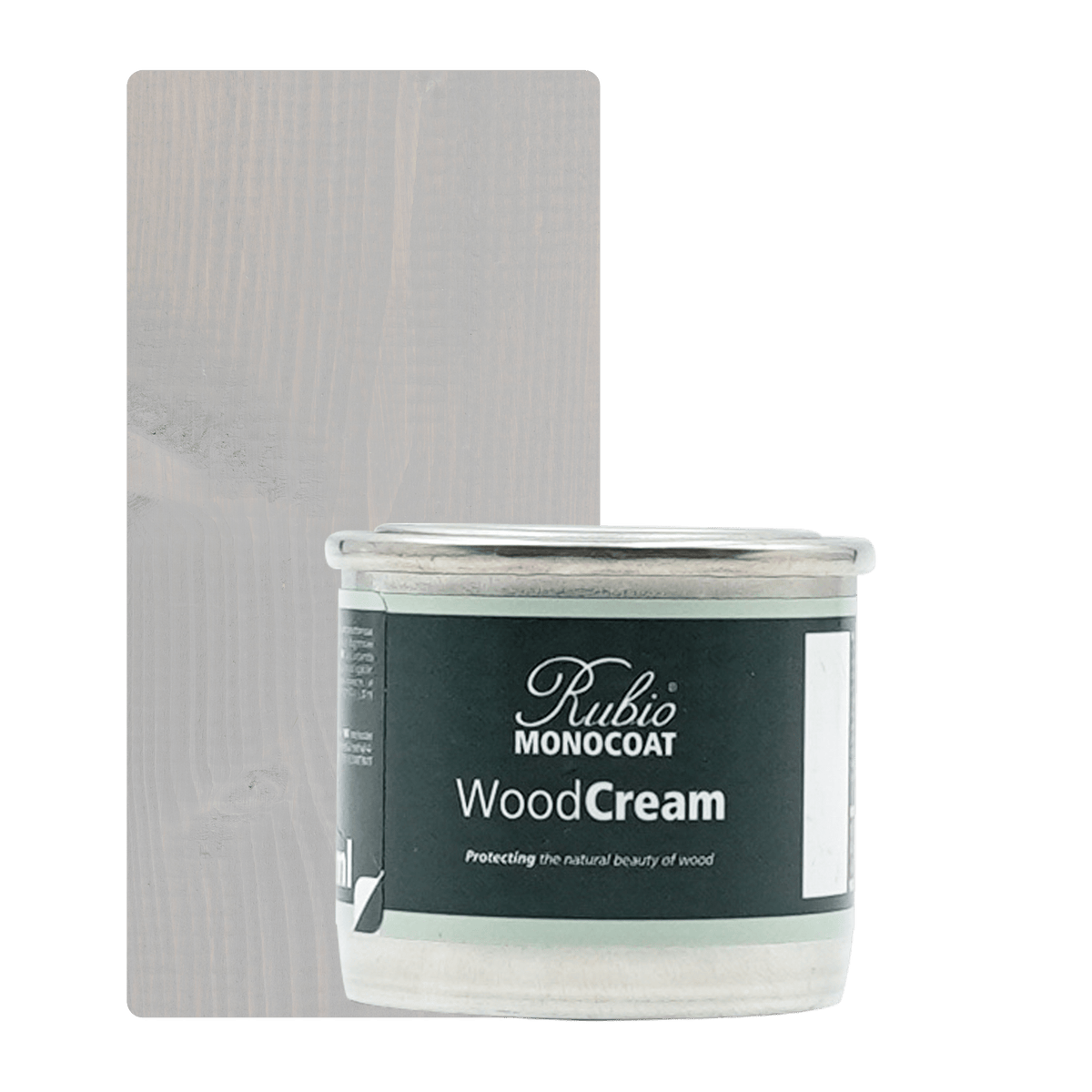 Lille beholder med Rubio Monocoat WoodCream i farven Timeless Grey #2, 30 ml, til lodret træ udendørs